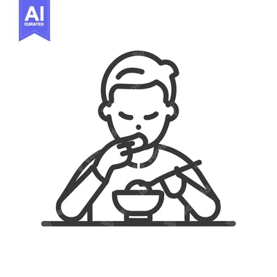Aset desain premium: A minimalist black line illustration depicts a person eating with uten