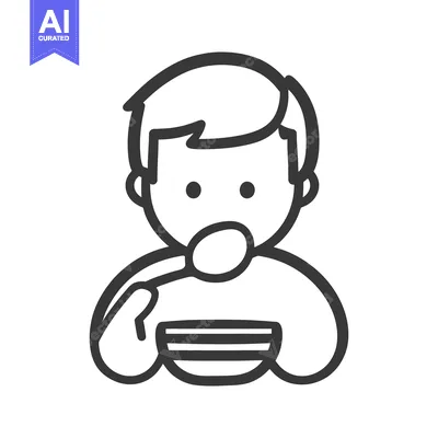 Aset desain premium: Simple outline illustration depicts a person eating from a bowl with s