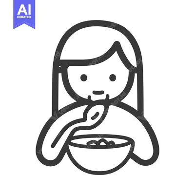 Premium design asset: A simple line drawing shows a person eating from a bowl