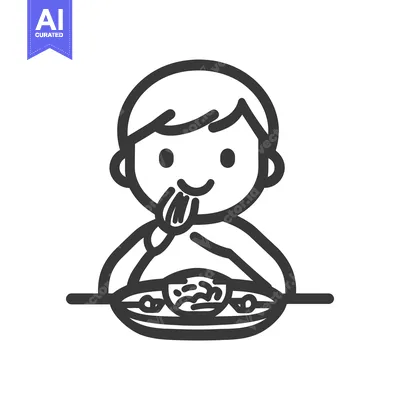 Aset premium populer: Cartoon person smiling while eating food from a plate with a fork