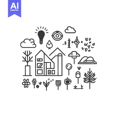 Aset desain premium: A collection of simple line art illustrations of a landscape