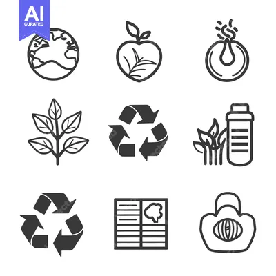 Aset premium populer: Simple monochrome icons depict different aspects of environmentalism a