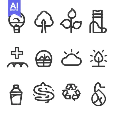 Aset desain premium: Black line icons depicting nature and recycling concepts presented her
