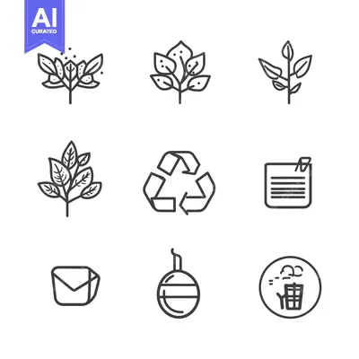 Aset desain premium: Several stylized botanical elements and various symbols are featured h