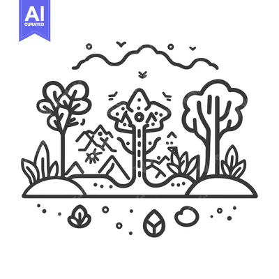 Premium design asset: Simple black and white line drawing of a serene landscape scene