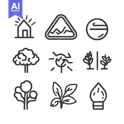 Aset premium populer: A collection of line art symbols representing natural and human elemen
