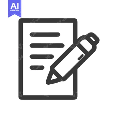 Aset desain premium: Minimalist Icon: Pencil Writing on Document, Dark Gray Outline on Whit