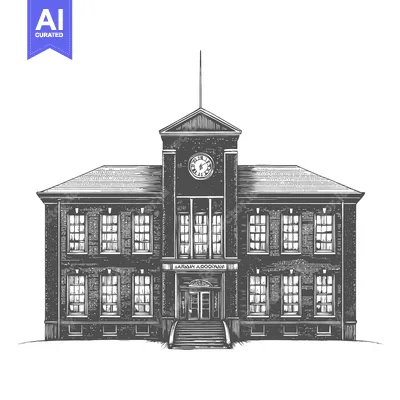 Aset premium populer: Engraving of a Classic Brick School Building