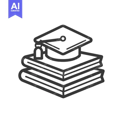 Aset desain premium: A black and white illustration of graduation cap and books