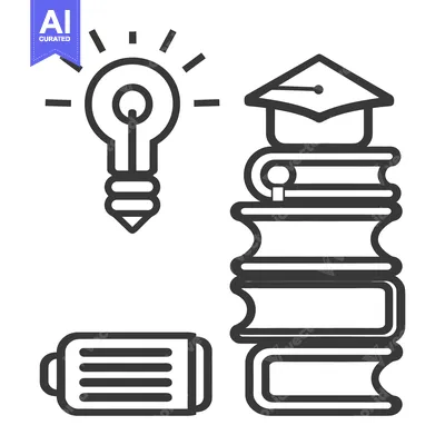Aset desain premium: An educational illustration featuring a light bulb books and battery