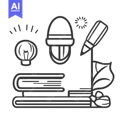 Aset desain premium: Black and white illustration depicting writing and reading related obj