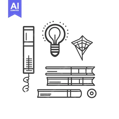 Aset desain premium: Various black line illustrations showing books light and a kite