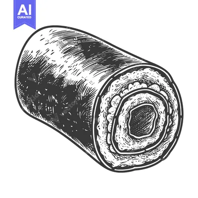 Aset premium populer: Engraved illustration of a sushi roll cut in half