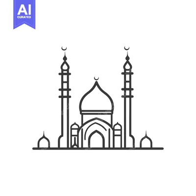 A simple black and white line drawing depicting a mosque