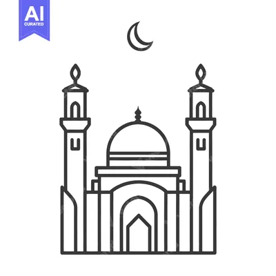 Vector illustration depicts a mosque structure with minarets and cresc