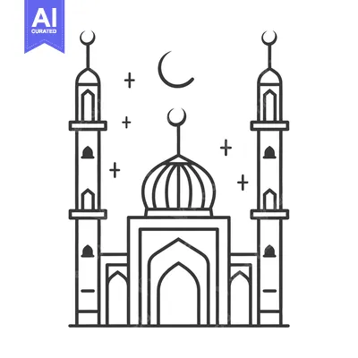 Aset desain premium: A simple black and white line drawing of a mosque