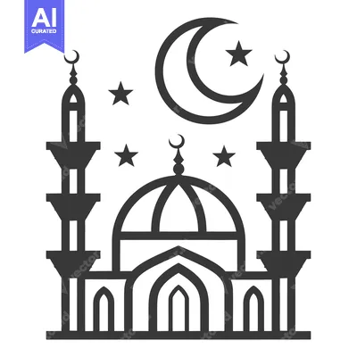 Aset desain premium: Illustration of a mosque with minarets and celestial symbols in the sk
