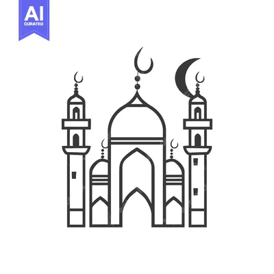 Aset desain premium: Simple line drawing of a mosque with crescent moon symbols
