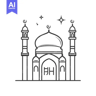 Aset desain premium: A detailed line drawing depicts a beautiful mosque structure with mina