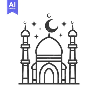 Aset desain premium: Simple black and white line art depiction of a mosque building