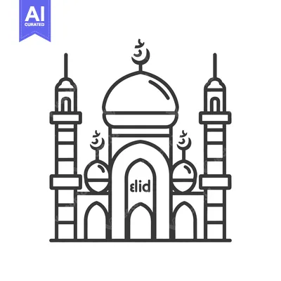 Aset desain premium: A minimalistic black and white line drawing of a mosque