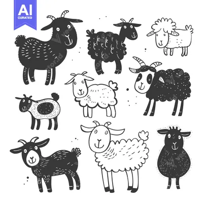 Aset premium populer: Eight Black and White Cartoon Goats and Sheep