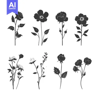 Premium design asset: Eight Black and White Flower Silhouettes with Stems and Leaves