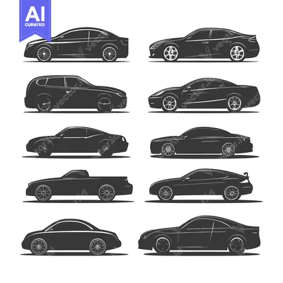 Aset premium populer: Eight Black Silhouettes of Different Car Models in Side View