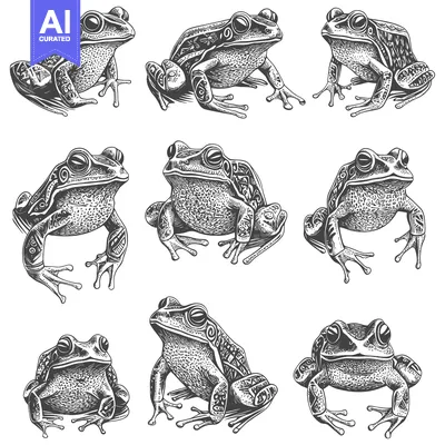 Premium design asset: Eight Detailed Black and White Illustrations of Frogs
