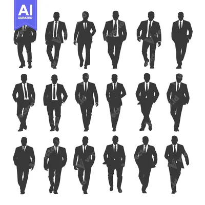 Eighteen Silhouettes of Men in Suits, Walking in Various Poses