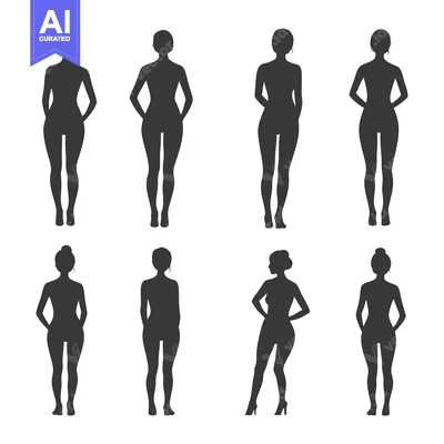 Premium design asset: Eight Female Silhouettes with Varying Poses and Hairstyles