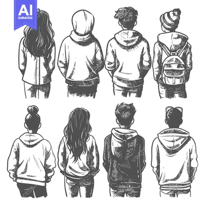 Aset premium populer: Eight People in Hoodies and Winter Clothing Viewed From Behind