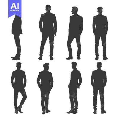 Aset desain premium: Eight Silhouettes of Men in Suits and Casual Clothing