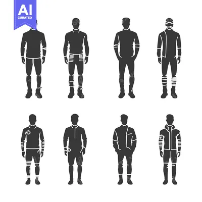 Premium design asset: Eight Silhouettes of Men Wearing Different Outfits