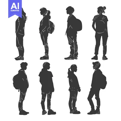 Aset desain premium: Eight Silhouettes of People with Backpacks Standing in Profile