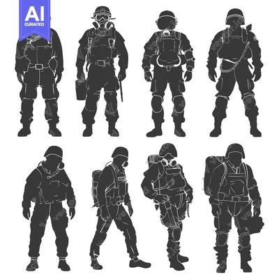 Premium design asset: Eight Silhouettes of Soldiers in Military Gear and Gas Masks