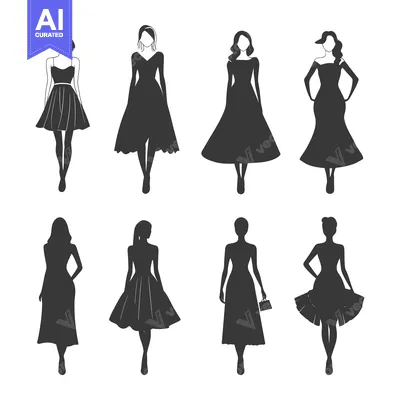 Aset desain premium: Eight Silhouettes of Women in Dresses