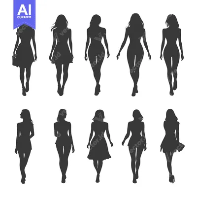 Premium design asset: Eight Silhouettes of Women Walking in Dresses