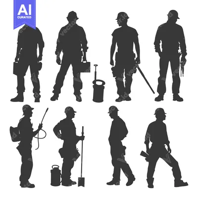Aset premium populer: Eight Silhouettes of Workers Holding Tools