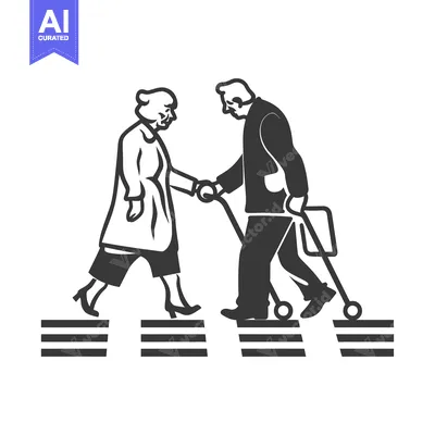 Aset desain premium: Elderly couple crossing a crosswalk, the man pushing a walker