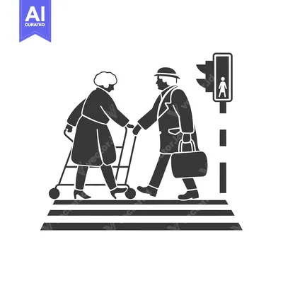 Aset desain premium: Elderly Couple Crossing Street with Walker and Briefcase
