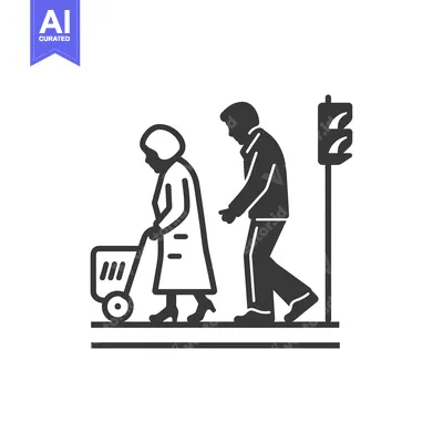 Aset desain premium: Elderly Couple Crossing the Street with a Shopping Cart