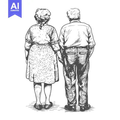 Premium design asset: Elderly Couple Holding Hands, Back View, Sketch Style