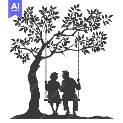 Aset desain premium: Elderly Couple Silhouetted on a Swing Hanging from a Tree