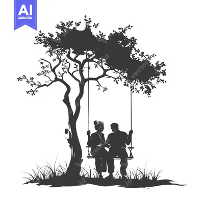 Aset desain premium: Elderly Couple Silhouetted on a Swing Under a Tree