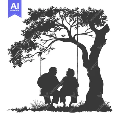 Aset premium populer: Elderly couple silhouetted on a swing under a tree