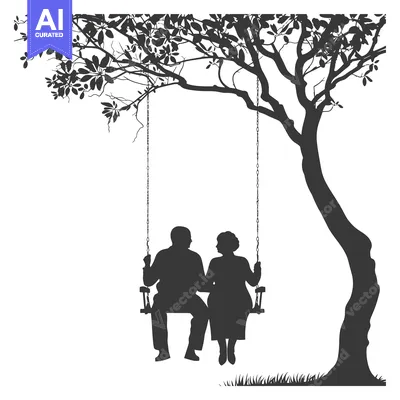 Aset desain premium: Elderly couple silhouetted on a swing under a tree