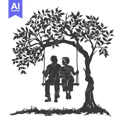 Aset desain premium: Elderly couple sitting on a swing under a tree