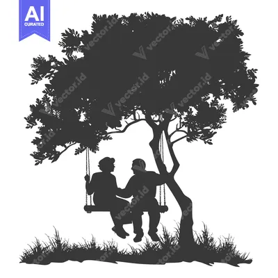 Aset desain premium: Elderly Couple Sitting on a Swing Under a Tree