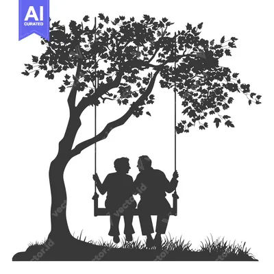 Aset desain premium: Elderly Couple Sitting on a Swing Under a Tree Silhouette